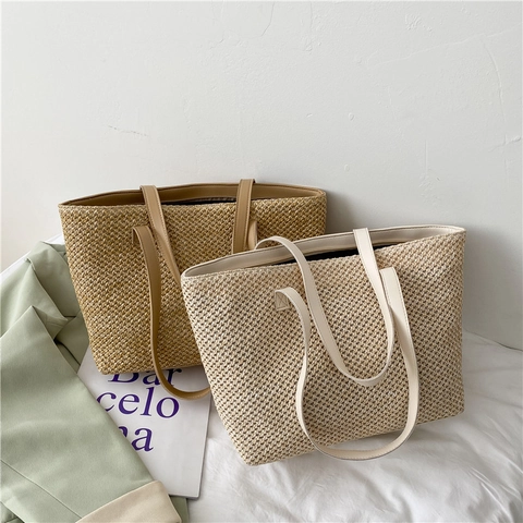 Große Kapazität Sommer Stroh Gewebte Tote Bag Für Damen Mode Strand Urlaub Schulterbeutel Tasche Khaki Cremeweiß Lässige Tasche