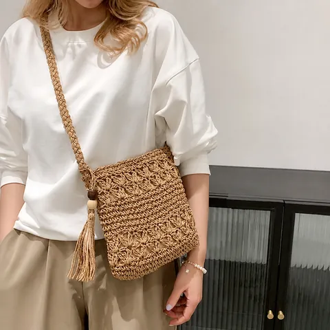 Handgemaakte Strogevlochten Schoudertas Vrouwen Bohemian Vakantie Strand Crossbody Tas Kwosje Houten Kralen Zomer Weven Handtas
