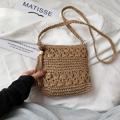 Handgemaakte Strogevlochten Schoudertas Vrouwen Bohemian Vakantie Strand Crossbody Tas Kwosje Houten Kralen Zomer Weven Handtas