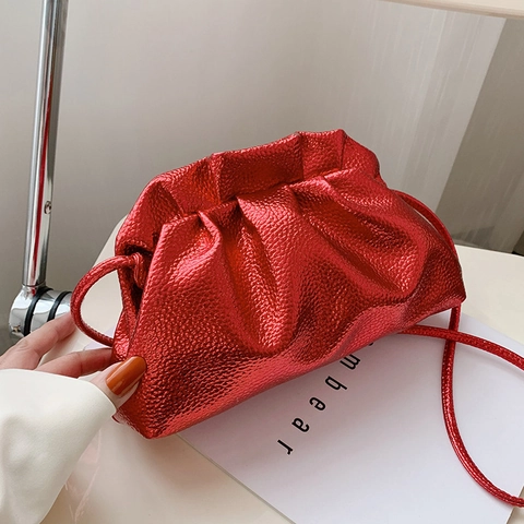 Sac Nuage en Cuir PU Métallique Femmes Sac Bandoulière Plissé Sac Pochette Brillant Tendance Sac Dumpling Sac à Main Mode