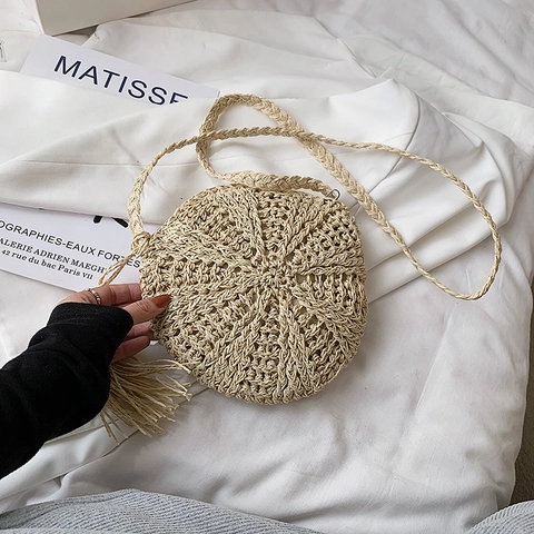 Handgemaakte Strogevlochten Schoudertas Vrouwen Bohemian Vakantie Strand Crossbody Tas Kwosje Houten Kralen Zomer Weven Handtas