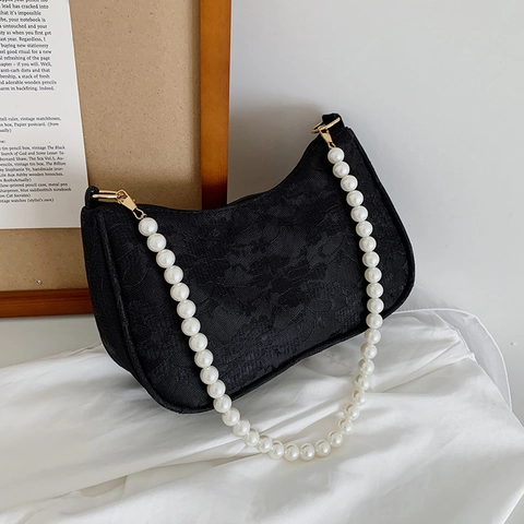 Floral Lace Underarm Bag With Faux Artificial Pearl Strap Elegant Retro Hobo Shoulder Bag For Women Party Accessory