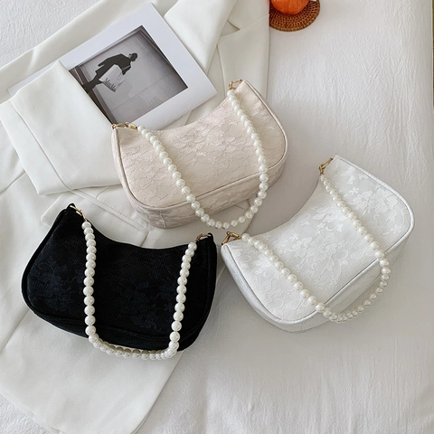 Floral Lace Underarm Bag With Faux Artificial Pearl Strap Elegant Retro Hobo Shoulder Bag For Women Party Accessory