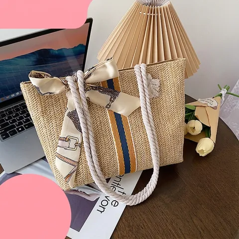 Bolso Tote de Paja Tejida para Mujer Casual de Rayas Playa de Hombro Con Lazo de Pañuelo de Satén Asa de Cuerda de Algodón