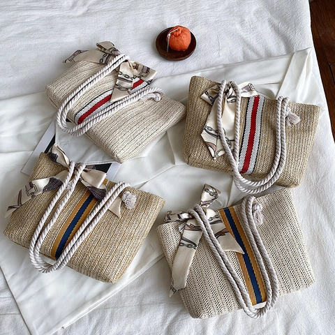 Bolso Tote de Paja Tejida para Mujer Casual de Rayas Playa de Hombro Con Lazo de Pañuelo de Satén Asa de Cuerda de Algodón