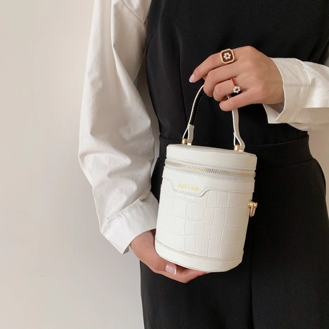 Trendy Koreaanse Mode Cilinder Emmer Tas Voor Vrouwen PU Leer Krokodillenpatroon Contrast Kleur Handtas Crossbodytas