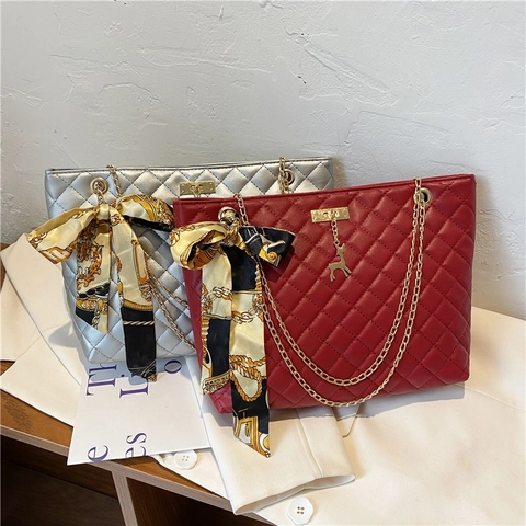 Women Quilted Rhombic Shoulder Bag PU Leather Underarm Bag With Chain Strap Silk Scarf And Deer Pendant Fashion Square Tote