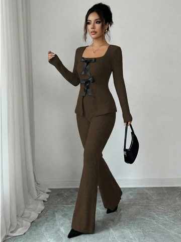 Women Elegant Rib Knit Long Sleeve Square Neck Bow Top And High Waist Micro Flare Pants Autumn Winter Commuter Outfits