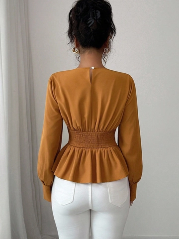 Blusa Peplum Elegante para Mujer Color Sólido Cuello Redondo Manga Linterna Larga Cintura Ajustada Camisa Con Botón de Perla Artificial para Oficina Mujer Casual Top