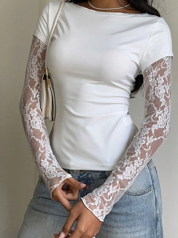 T-Shirt Da Donna Con Pizzo Patchwork Maniche Lunghe Vestibilità Aderente Girocollo Top Elegante Bianco