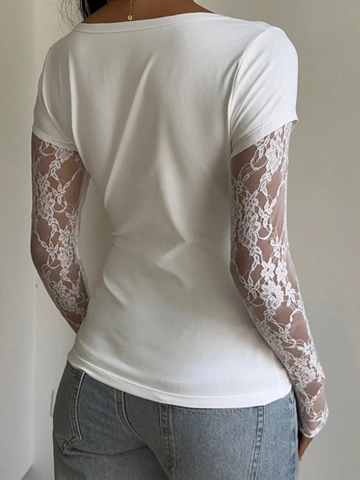 T-Shirt Da Donna Con Pizzo Patchwork Maniche Lunghe Vestibilità Aderente Girocollo Top Elegante Bianco