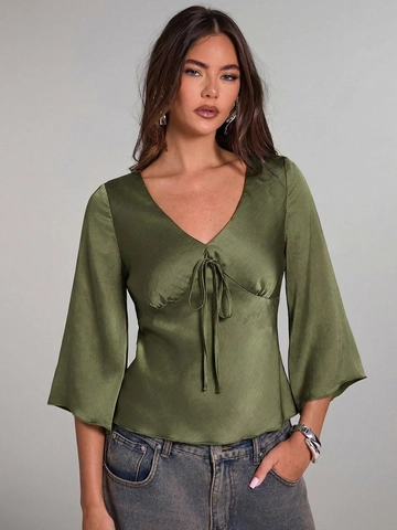 Women Satin Blouse V Neck Tie Front Flare Sleeve Pullover Elegant Solid Color Satin Like Shirt Office Tops