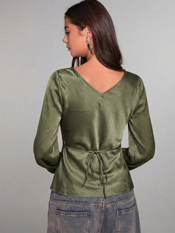 Women Satin Blouse V Neck Tie Front Flare Sleeve Pullover Elegant Solid Color Satin Like Shirt Office Tops