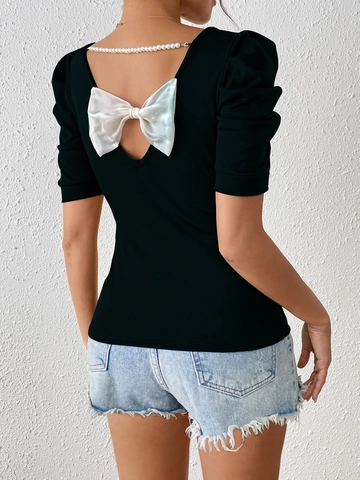 Maglietta da Donna a Maniche Corte con Schiena Scoperta Elegante Top a Sbuffo con Grande Fiocco in Raso e Finiture in Künstliche Perle