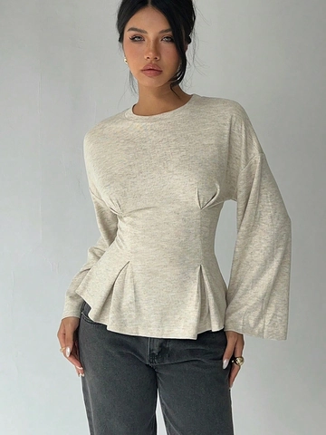 Women Long Sleeve T-Shirt Flare Sleeve Peplum Ruched Waist Round Neck Solid Elegant Top
