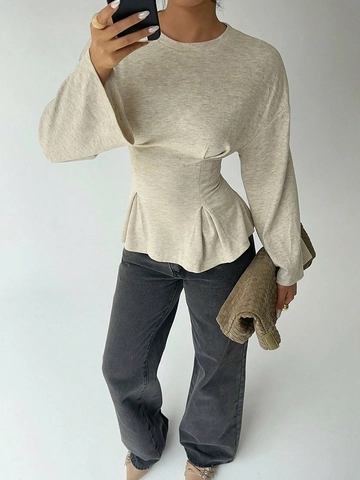 Women Long Sleeve T-Shirt Flare Sleeve Peplum Ruched Waist Round Neck Solid Elegant Top