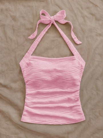 Sexy Halterneck Crop Top Damen Wellenstruktur Schnürung Schleife Ärmellos Rückenfrei Sommer Strand Urlaub Strick Camisole Top