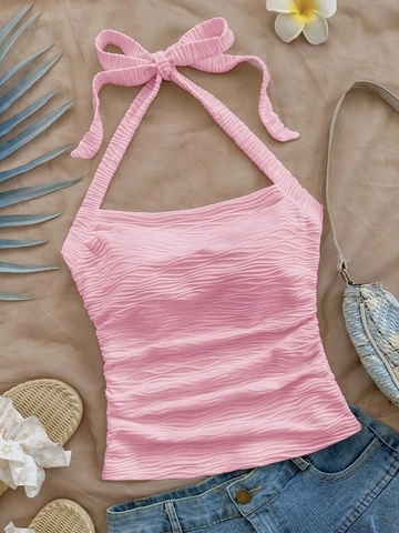 Sexy Halterneck Crop Top Damen Wellenstruktur Schnürung Schleife Ärmellos Rückenfrei Sommer Strand Urlaub Strick Camisole Top