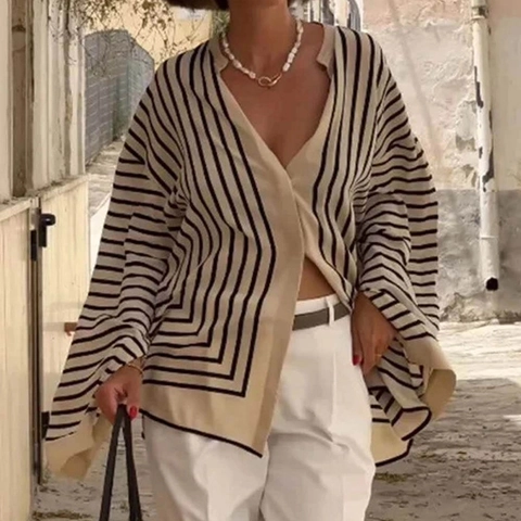 Women Striped Long Sleeve Shirt Cardigan Loose Fit V-Neck Polyester Geometric Print French Style Casual Blouse