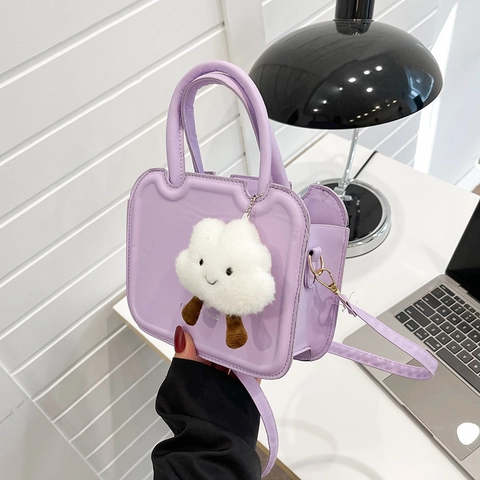 Women PU Leather Shoulder Bag Unique Toast Shape Wavy Edge Crossbody Bag With Plush Cloud Charm Solid Color Minimalist Daily Purse
