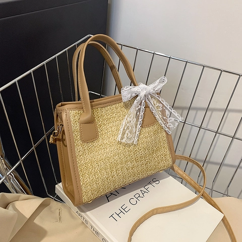 Women Straw Woven Small Square Bag With Lace Bow Ribbon PU Leather Trim Summer Vacation Retro Shoulder Crossbody Handbag
