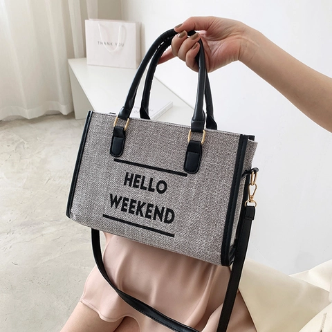 Women Large Capacity Canvas Tote Bag Hello Weekend Letter Print Shoulder Bag Casual Commute Handbag With Leather Handles