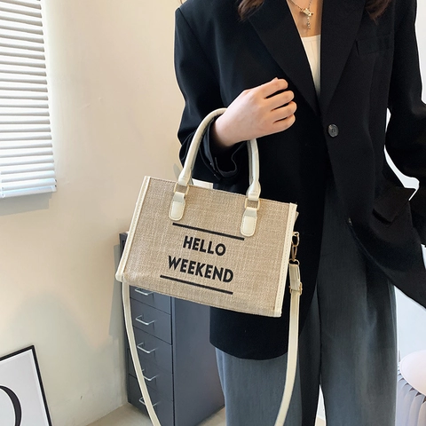 Women Large Capacity Canvas Tote Bag Hello Weekend Letter Print Shoulder Bag Casual Commute Handbag With Leather Handles