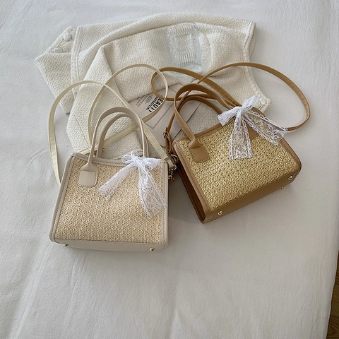 Women Straw Woven Small Square Bag With Lace Bow Ribbon PU Leather Trim Summer Vacation Retro Shoulder Crossbody Handbag