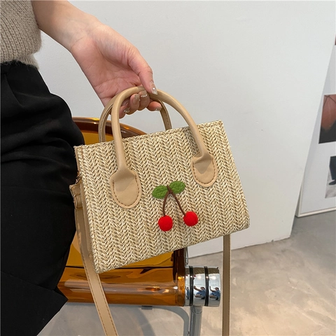 Women Casual Straw Woven Crossbody Bag With 3D Cherry Decoration Small Square Shoulder Bag Summer Beach Travel Handbag