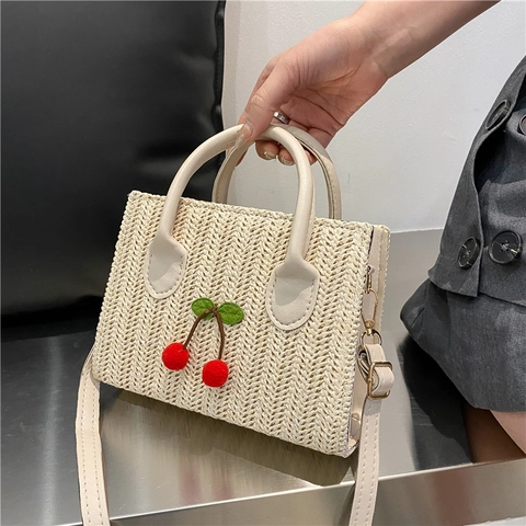 Women Casual Straw Woven Crossbody Bag With 3D Cherry Decoration Small Square Shoulder Bag Summer Beach Travel Handbag