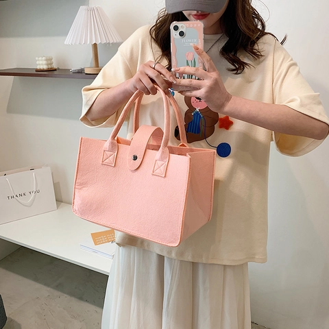 Simple Felt Tote Bag For Kids Large Capacity Solid Color Cute Handbag Portable Shopping Bag Children Shoulder Bag