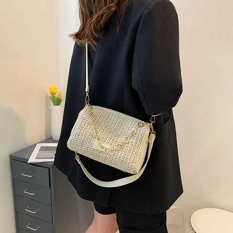 Borsa a Tracolla in Paglia Intrecciata da Donna Con Catena a Fiori Grande Capacità Borsa Rettangolare per Mare Vacanze Estive Moda