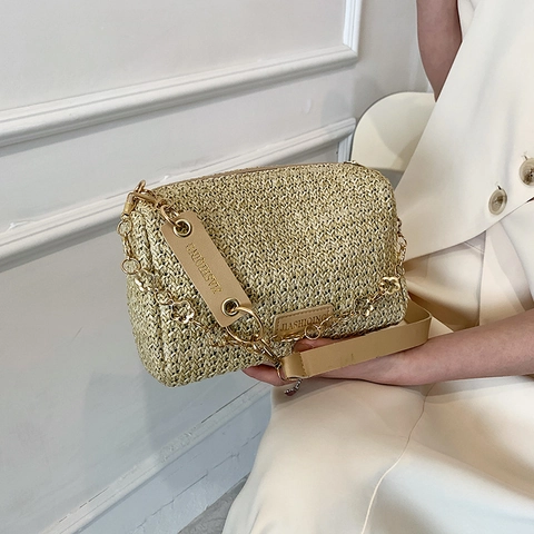 Borsa a Tracolla in Paglia Intrecciata da Donna Con Catena a Fiori Grande Capacità Borsa Rettangolare per Mare Vacanze Estive Moda
