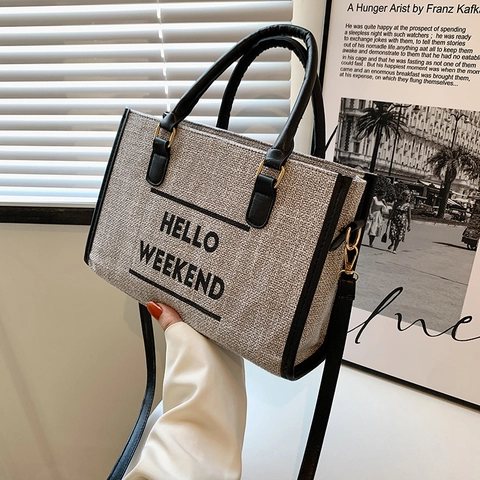 Mode Dames Canvas Tote Bag Grote Capaciteit Hello Weekend Letteraanduiding Schoudertas Khaki Zwart Beige Casual Handtas