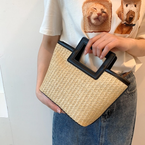 Borsa A Mano In Paglia Borsa Tote Intrecciata Con Rifiniture In Pelle Sintetica Manico Cavo Estate Spiaggia Retro Casual