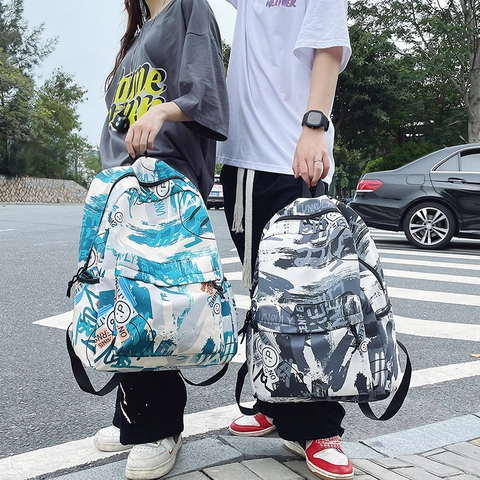 Trendy Graffiti Print Backpack For Men Women Large Capacity Nylon School Bag Street Style Casual Travel Rucksack