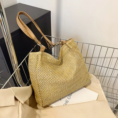 Bolso de Hombro de Paja Tejida para Mujer Gran Capacidad Verano Playa Vacaciones Tote Moda Simple Correa de Cuero PU