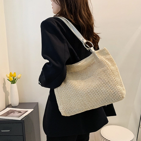 Bolso de Hombro de Paja Tejida para Mujer Gran Capacidad Verano Playa Vacaciones Tote Moda Simple Correa de Cuero PU