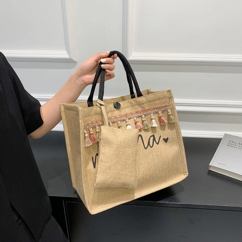 Borsa Tote In Juta Donna E Piccola Pochette Bohemienne Grande Capacità Borsa A Spalla Per Vacanze Estive Mama Stampa Lettere Retrò