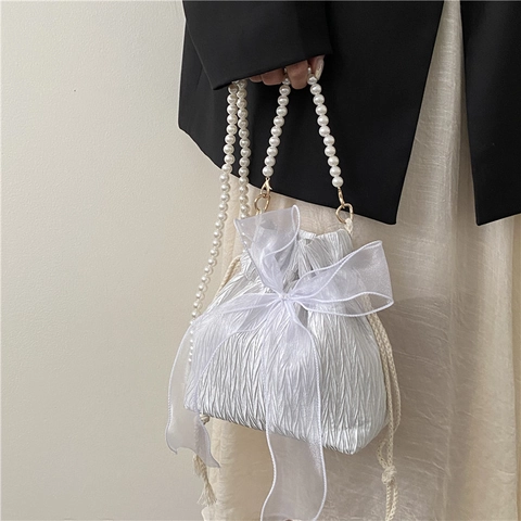 Elegant Pleated Satin Bucket Bag For Women With Large Organza Bow And Faux Artificial Pearl Chain Strap Drawstring Shoulder Bag Party Accessory