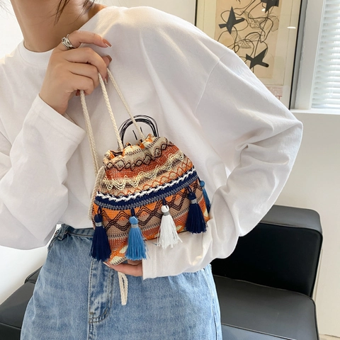 Boho Ethnische Gewebte Beuteltasche Damen Geometrisches Muster Quasten Dekor Kleine Kordelzug Umhängetasche Schultertasche