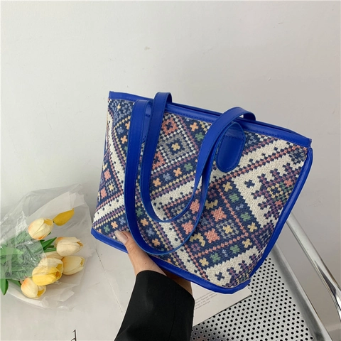 Dames Etnische Stijl Geometrisch Patroon Canvas Schoudertas Grote Capaciteit Boheemse Draagtas Met PU-Leren Handvat Dagelijks Casual