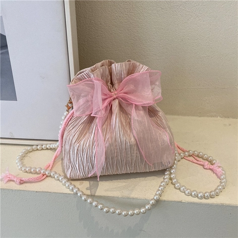 Fairy Pearl Pleated Bucket Bag With Organza Bow Drawstring Sweet Small Shoulder Crossbody Bag For Women Party Fashion Handbag