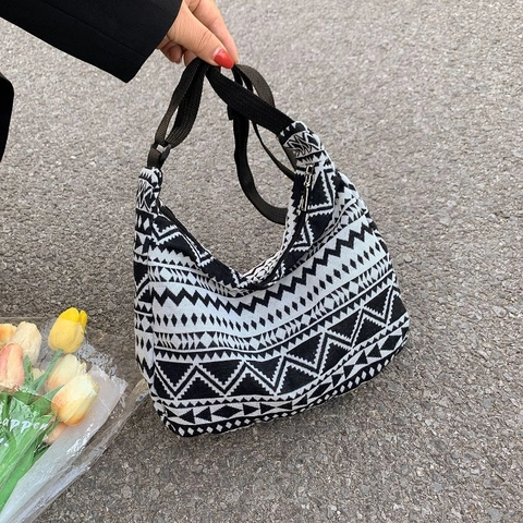Borsa a Spalla Hobo da Donna in Stile Etnico Bohémien con Motivo Geometrico Tessuto Oxford Tracolla Regolabile Borsa a Mano Casual Estiva