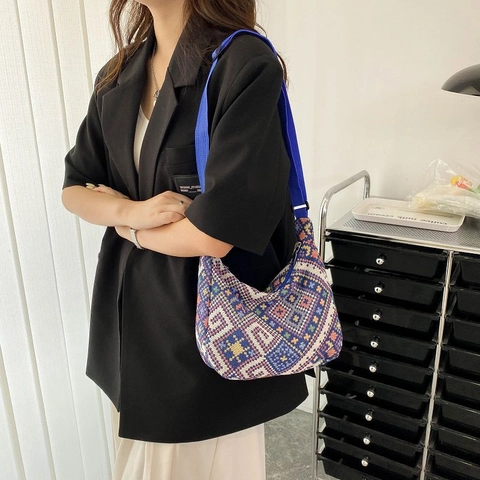 Borsa a Spalla Hobo da Donna in Stile Etnico Bohémien con Motivo Geometrico Tessuto Oxford Tracolla Regolabile Borsa a Mano Casual Estiva