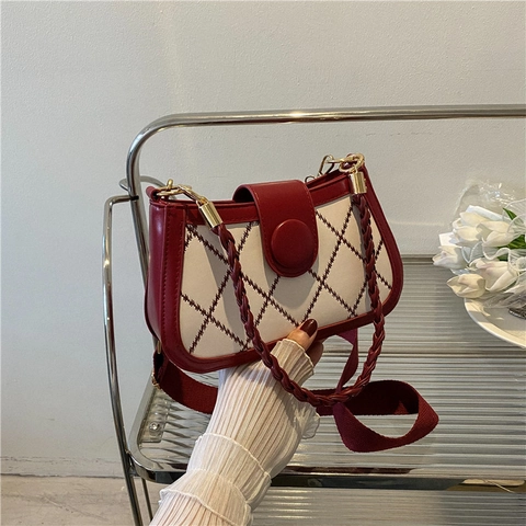 Women's PU Leather Rhombic Pattern Crossbody Bag With Braided Handle Wide Shoulder Strap Minimalist Small Square Shoulder Bag