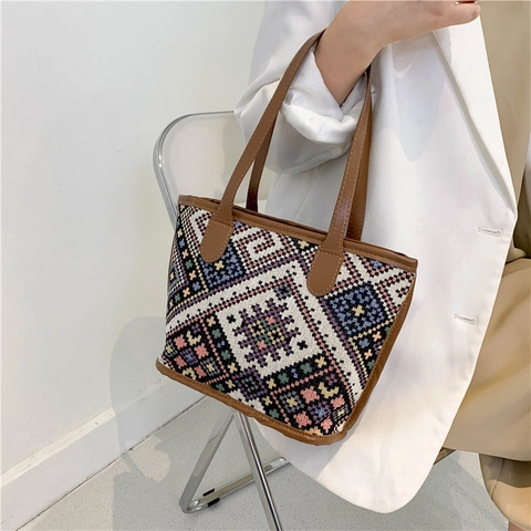 Dames Etnische Stijl Geometrisch Patroon Canvas Schoudertas Grote Capaciteit Boheemse Draagtas Met PU-Leren Handvat Dagelijks Casual