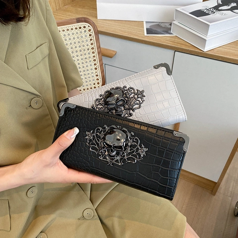 Punk Gotische Lange Portemonnee Voor Dames Krokodillenpatroon PU Leer Rits Portefeuille Met Metalen Schedel Mode Clutch Tas