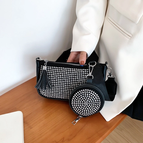 Bolso de Axila para Mujer con Diamantes de Imitación Monedero y Borla Correa Ancha Cuero PU Bolso de Hombro de Lujo