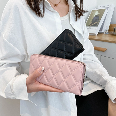 Damen Schick Gesteppt Lang Geldbörse PU Leder Rautenmuster Handtasche Minimalistisch Clutch Mit Gold Reißverschluss Große Kapazität Kartenhalter Täglich Reisen Geschenk